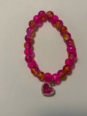 Fuchsia Pink Beaded Stretch Bracelet with Heart with hot pink charm